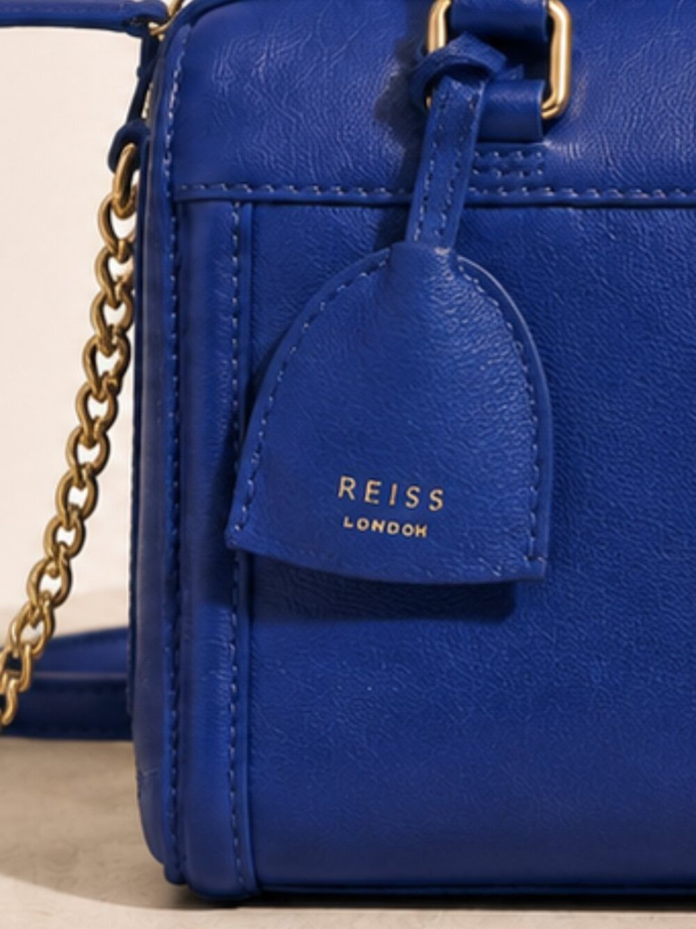 REISS Cobalt Blue Leather Mini Satchel Handbag Gold Chain Strap - Picture 4 of 4
